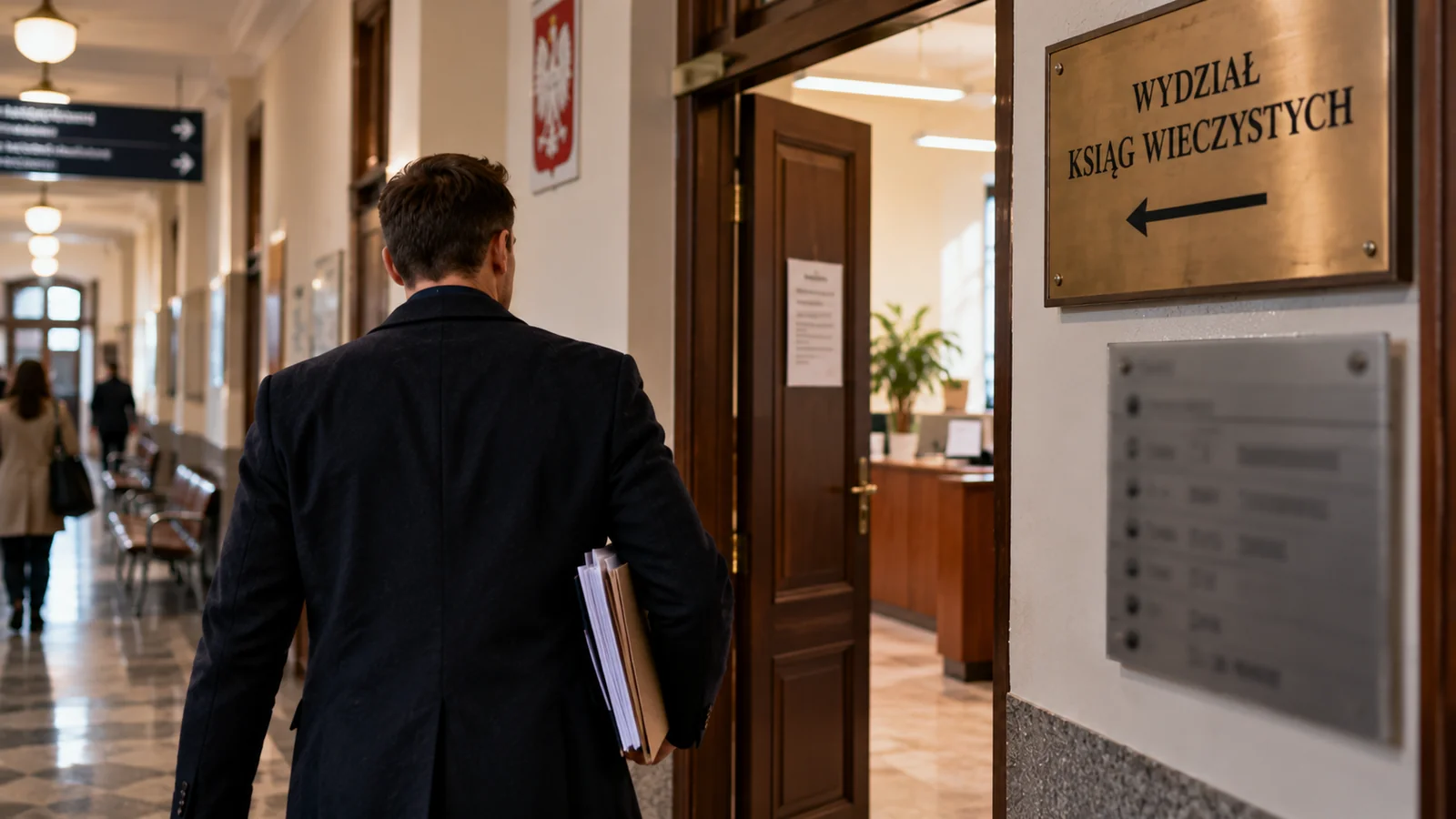 Mężczyzna z dokumentami idzie korytarzem sądu do Wydziału Ksiąg Wieczystych